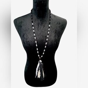 Long Elegant Black Glass & Gray Beaded Necklace With Tassel Detail